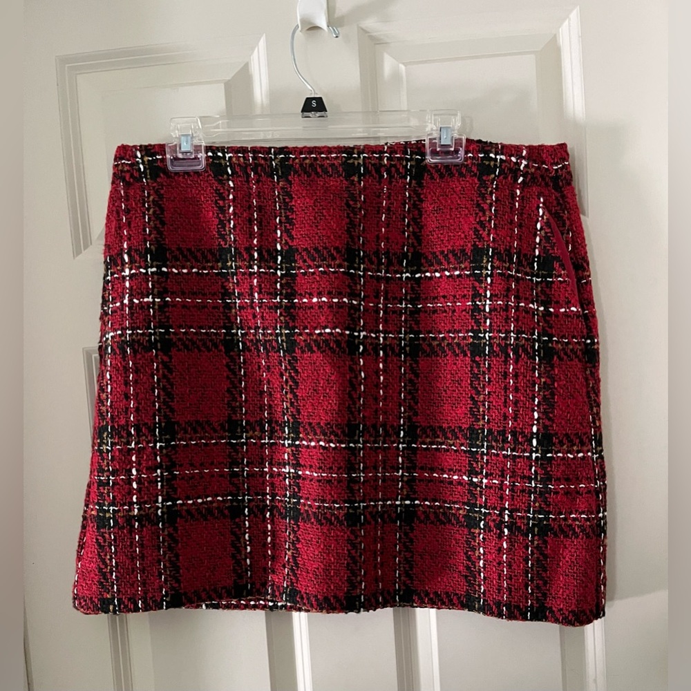 NWT Loft red & black tweed mini skirt with pockets wool blend lined 14 holiday